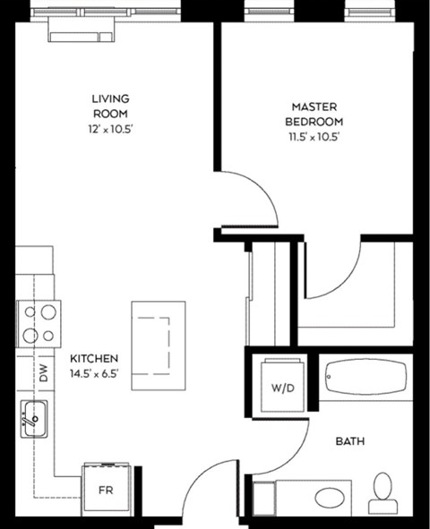 Floor plan for 1 bed, 1 bath, 618 sqft